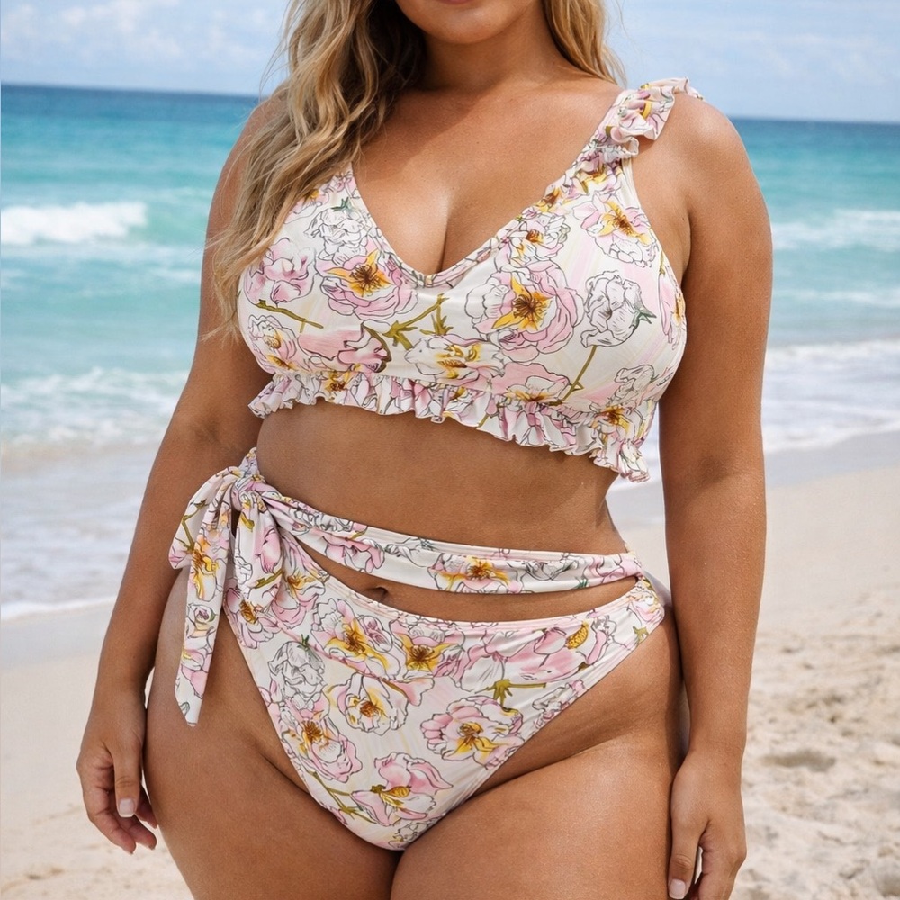 SHEIN Plus Size 2XL White Floral Ruffled Bikini 2 Piece Women’s Swimsuit